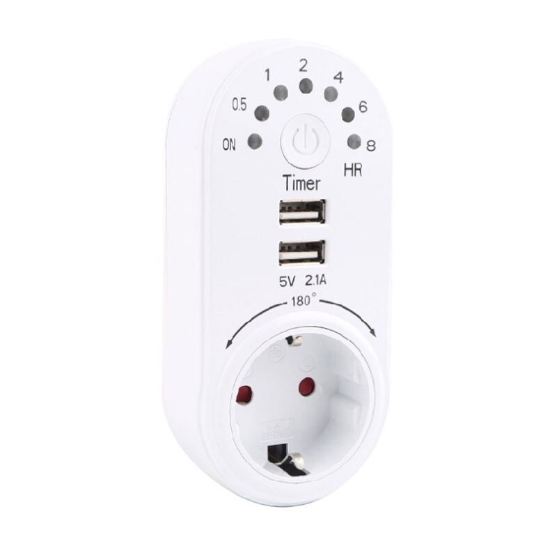 EU Plug Countdown Timer Socket Smart Control Dual USB Ports 180 Rotation 8 Hour
