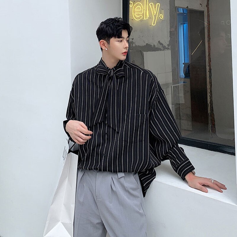 / herenkleding strik kraag gestreept overhemd lente zomer losse lange mouwen grote maten koreaanse tops casual tide 9 y 1721