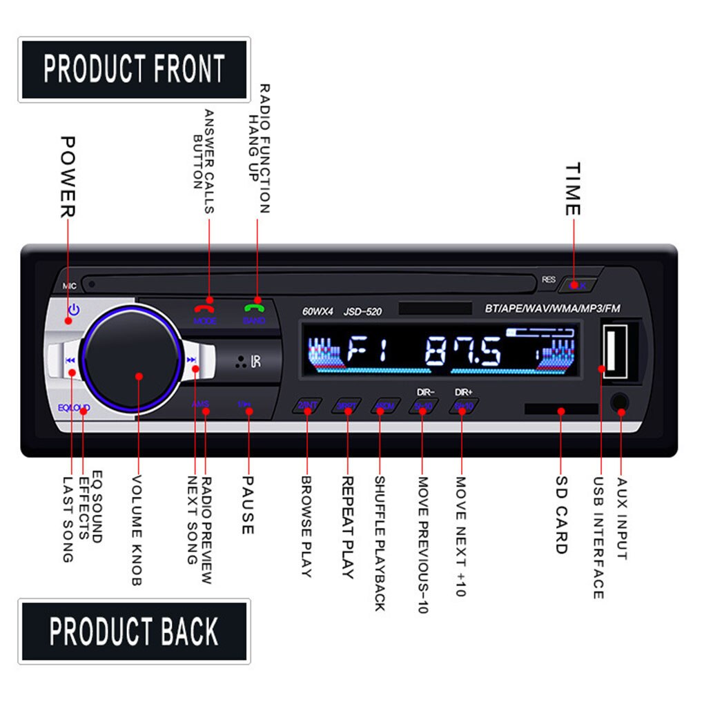 Bluetooth Car Stereo Audio In-Dash Aux Input Receiver Automotive SD USB MP3 Radio Media Player