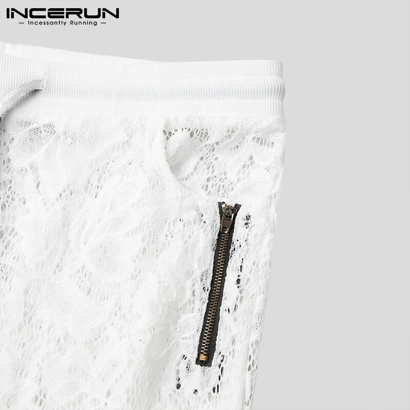 Mannen Slapen Broek Kant Rits Patchwork Homewear Trekkoord Transparante Sexy 2022 Mannen Broek Zakken Slaap Bodems S-5XL Incerun