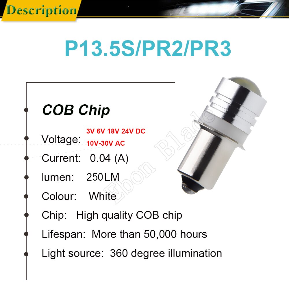 Pair P13.5S PR2 PR3 COB 1W LED Upgrade Bulb White For Flashlight LED Replacement Torch Work Light Lamp 3V 6V 12V 18V 24V 30V