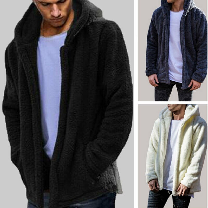 Men Male Casual Winter Warm Teddy Bear Pocket Coat Fleece Fur Jackets Hoodies Outwear