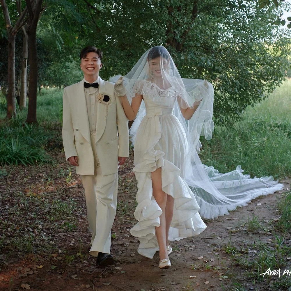 Lange ruches sluier bruidssluier met blusher bruid lang 2-laags gezwollen gegolfde rand zachte pluizige bruidssluier Veu de Noiva