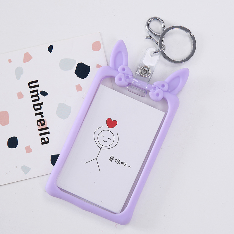 Creatieve Boog Siliconen ID Kaarthouder Sleutelhanger Vrouwen Anti-val Naam Badge Paspoort Cover Student Leuke Kat Oor Card case Houders: Black