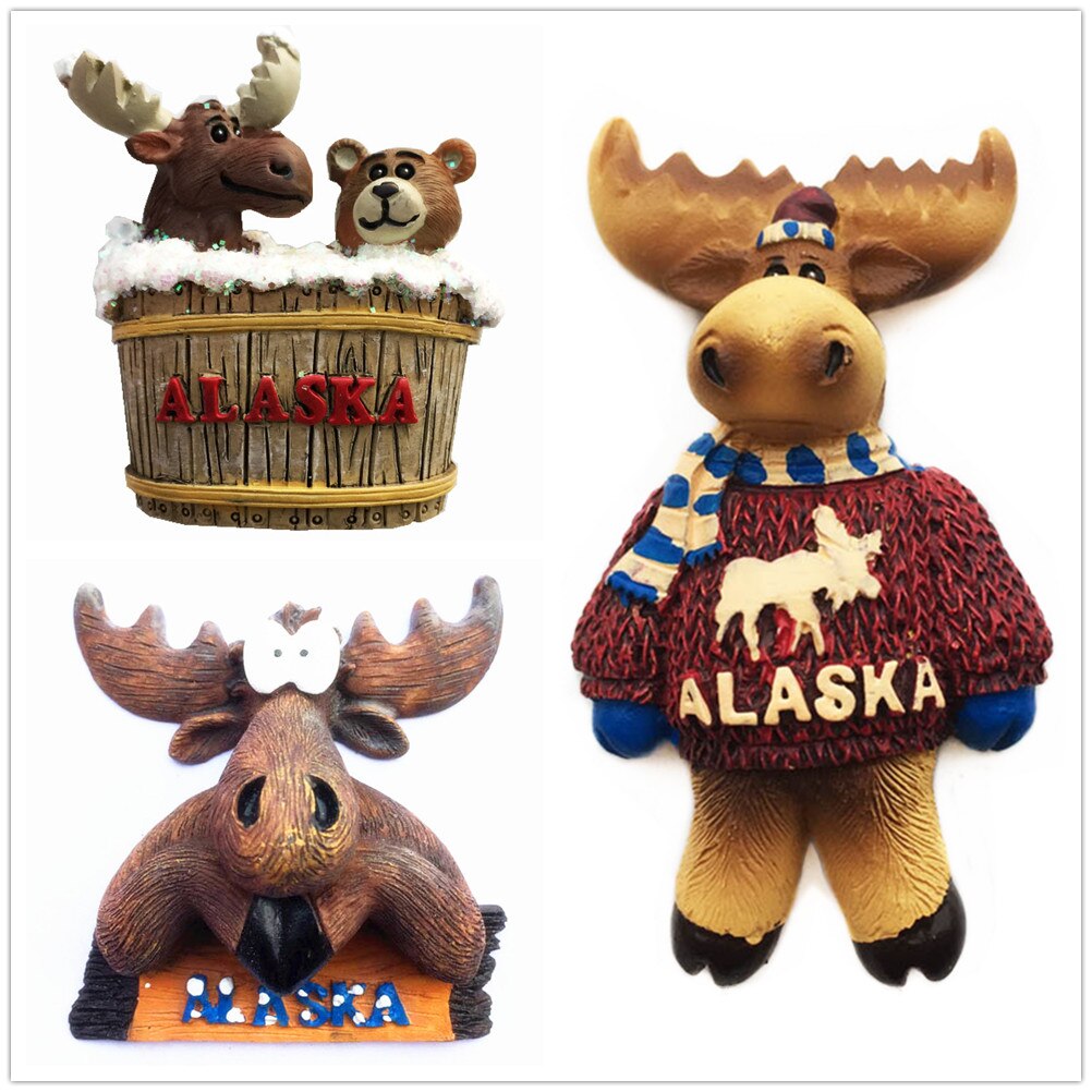 USA Alaska 3D Cartoon Bear &amp; Milu deer Fridge Magnets Tourism Souvenir Refrigerator Magnetic Sticker Collection