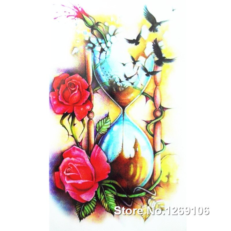 Drijfzandfles en roos 19 x 12cm waterdichte tijdelijke tatoeagestickers