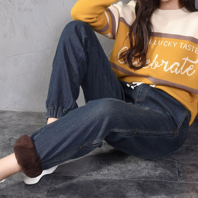 Plus velours épaissir Denim sarouel femmes automne hiver à lacets jean femme décontracté Long petit ami jean pour les femmes C6480: dark blue jeans / 26