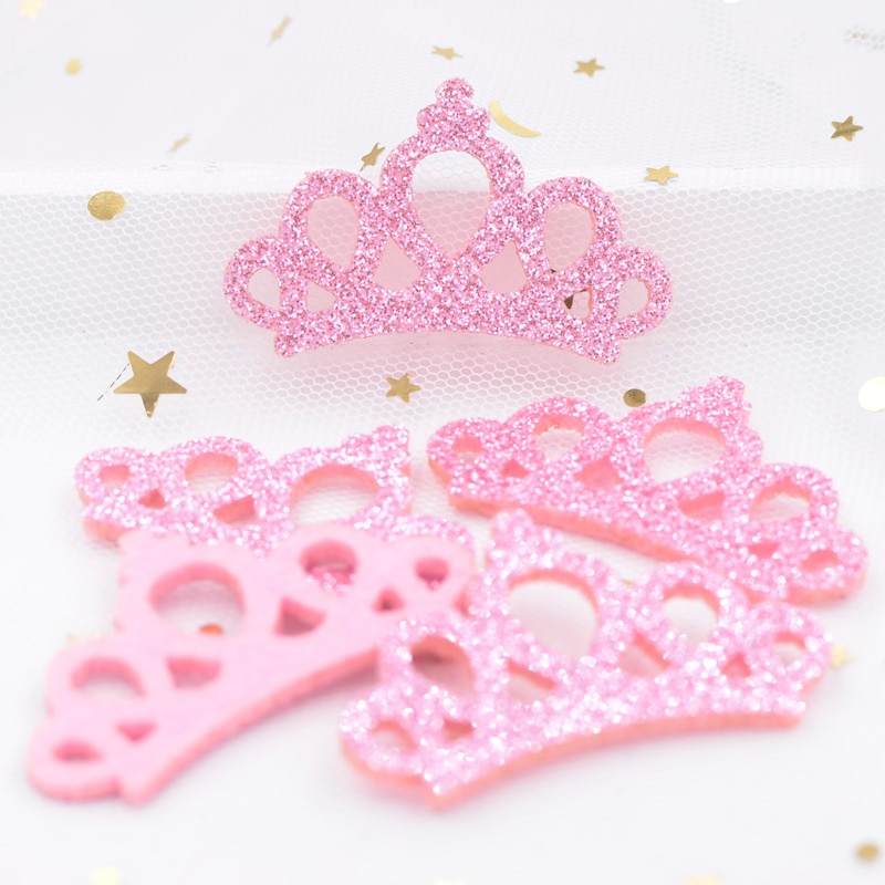 20 Pcs 46mm Glitter Poeders Stof Vilt Padded Applicaties Roze Kroon Patches voor Ambachten Kleding Decor DIY Haar Boog ornament K44