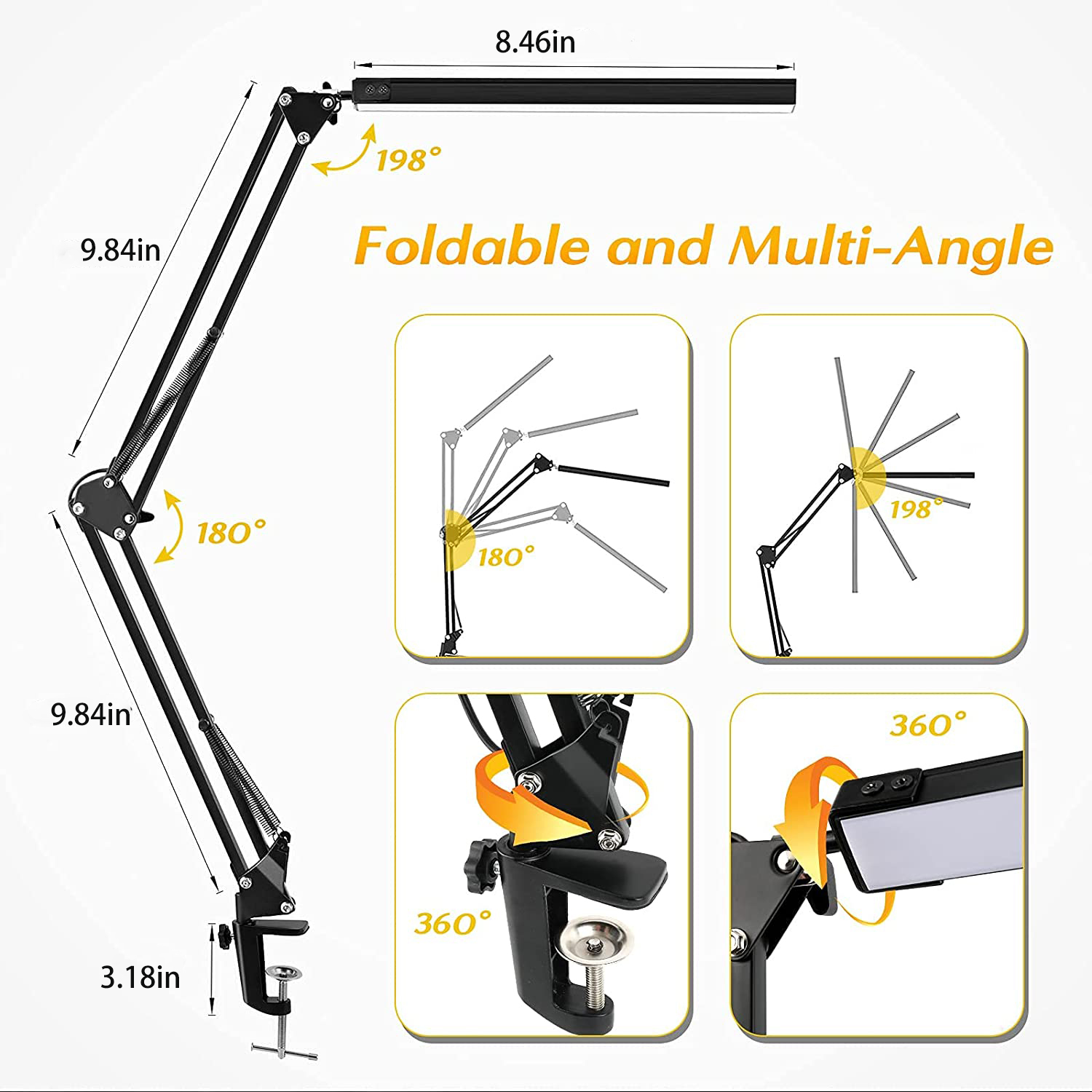 Led Opvouwbare Metalen Bureaulampclip Op Lichtklem Lange Arm Diming Tafellamp 3 Kleuren Verstelbaar Voor Leescomputers In De Woonkamer