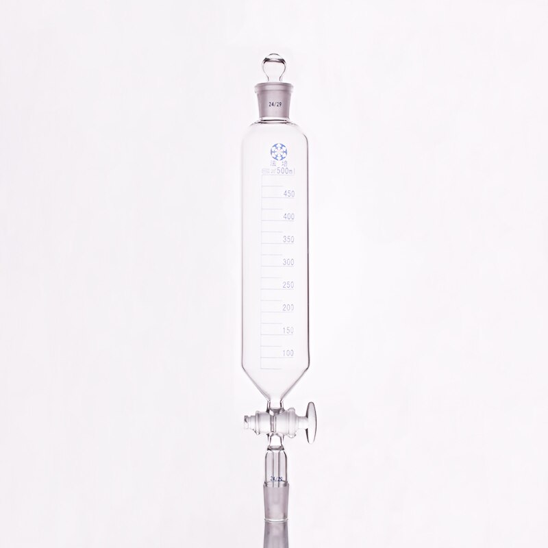 Separatory funnel cylindrical shape,standard ground mouth.Capacity 500ml,Joint 24/29+24/29,Glass
