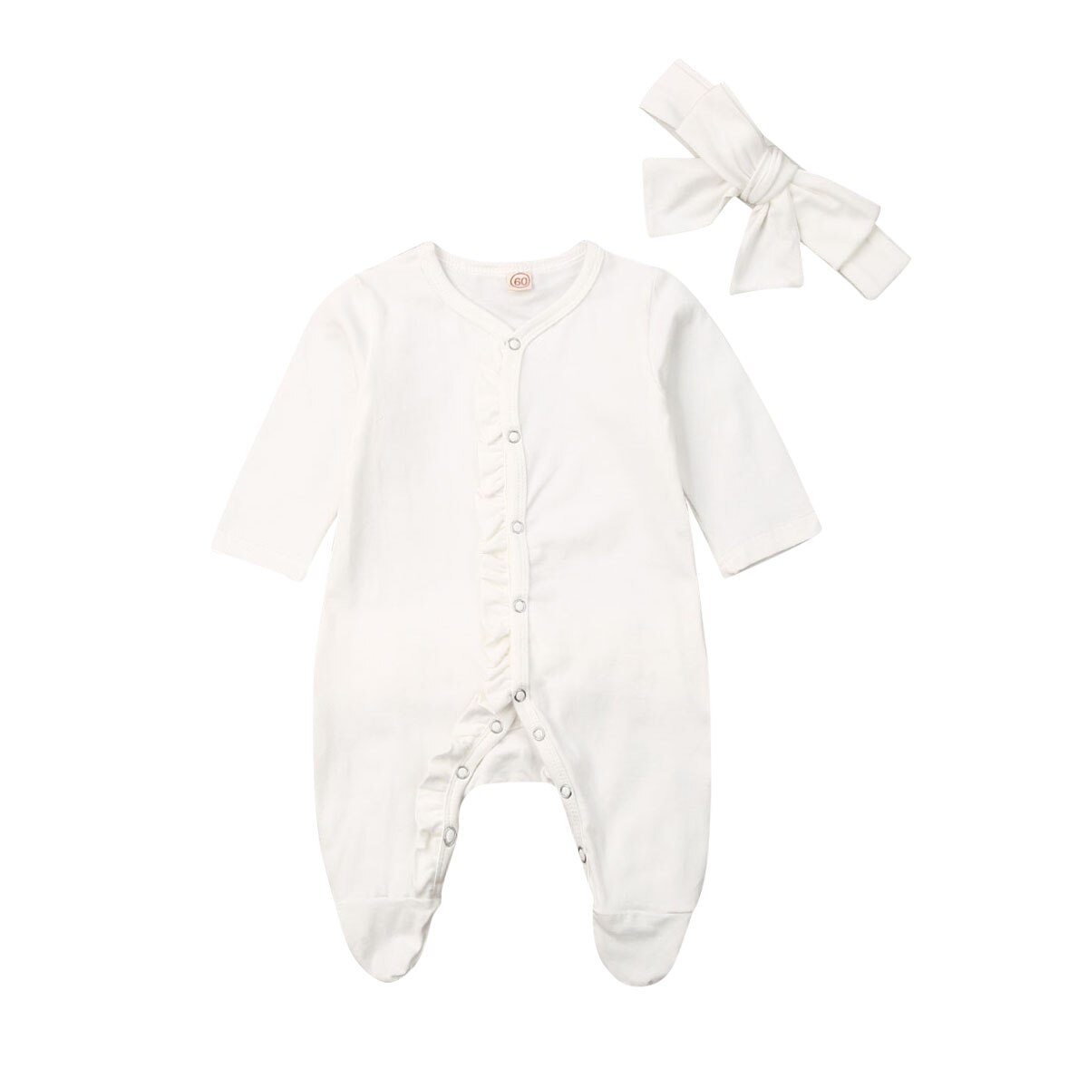 Neugeborenen Baby Baumwolle Footies Romper Kopfschmuck Langarm Rüschen Solide Overall Baby Jungen Mädchen Kleidung 0-12M: WHITE / 3M