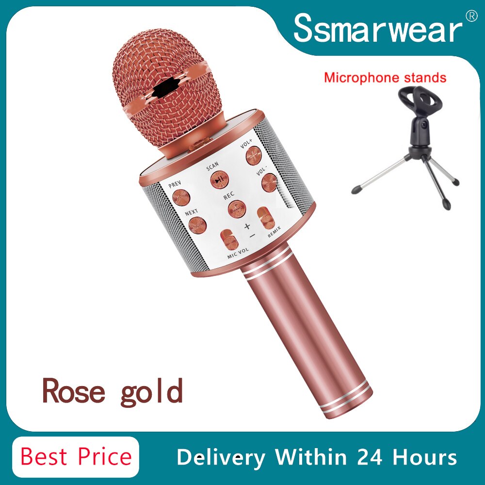 WS858 Bluetooth Karaoke Wireless Microphone Portable Karaoke Machine Handheld Mic Speaker Home Party SING For Kids Toys YouTuber: Rose Gold stand