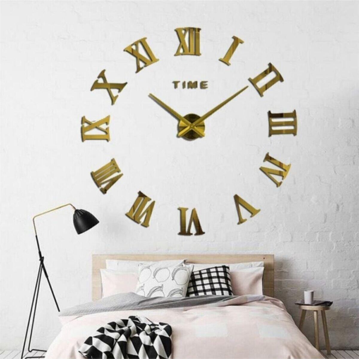 3d Mirror Roman Numeral Decorative Oversized Wall Clock Removable Art Decal Sticker Home Decor Living Room DIY Wall: Gold