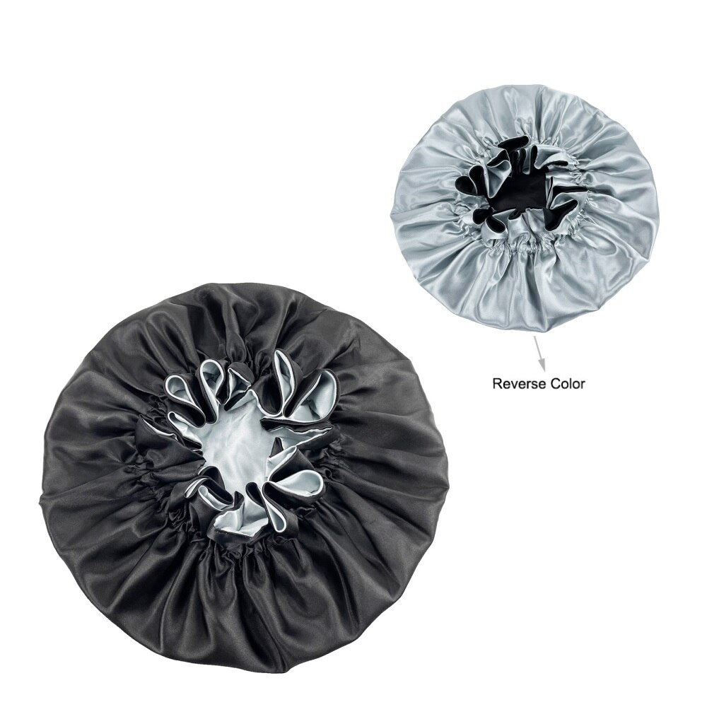 Effen Kleur Omkeerbaar Zijdeachtig Satijn Motorkap Dubbele Laag Slaap Night Cap Head Cover Motorkap Hoed Voor Voor Krullend Veerkrachtig Hair zwart: style443-black