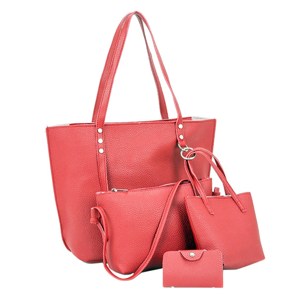 4 Stks/set Pu Leer Kwasten Schoudertas Vrouwen Grote Capaciteit Tote Draagbare Handtas Mini Clutch Kaart Tassen Reizen Messenger Bag: Rood