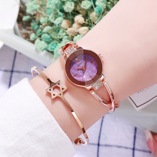 Dameshorloge dames luxe sterrenhemel roségoud horloges dames roestvrij staal diamant polshorloge klok: Paars 
