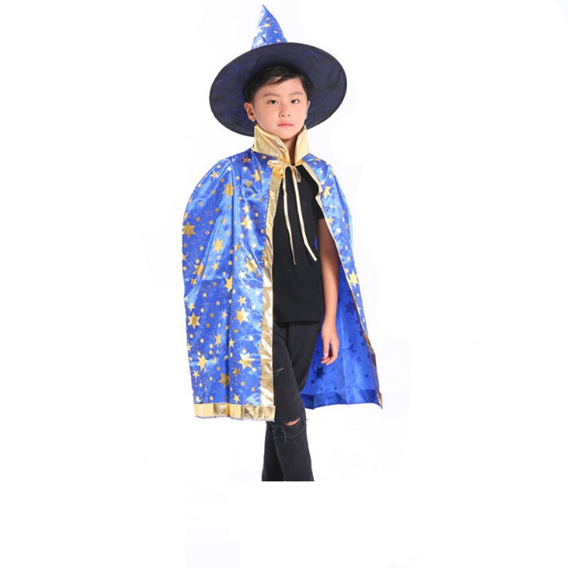 Kids Witch Wizard Cloak Hat Set Stars Pattern Halloween Role Play Cape Robe Costume For Boys Girls: blue