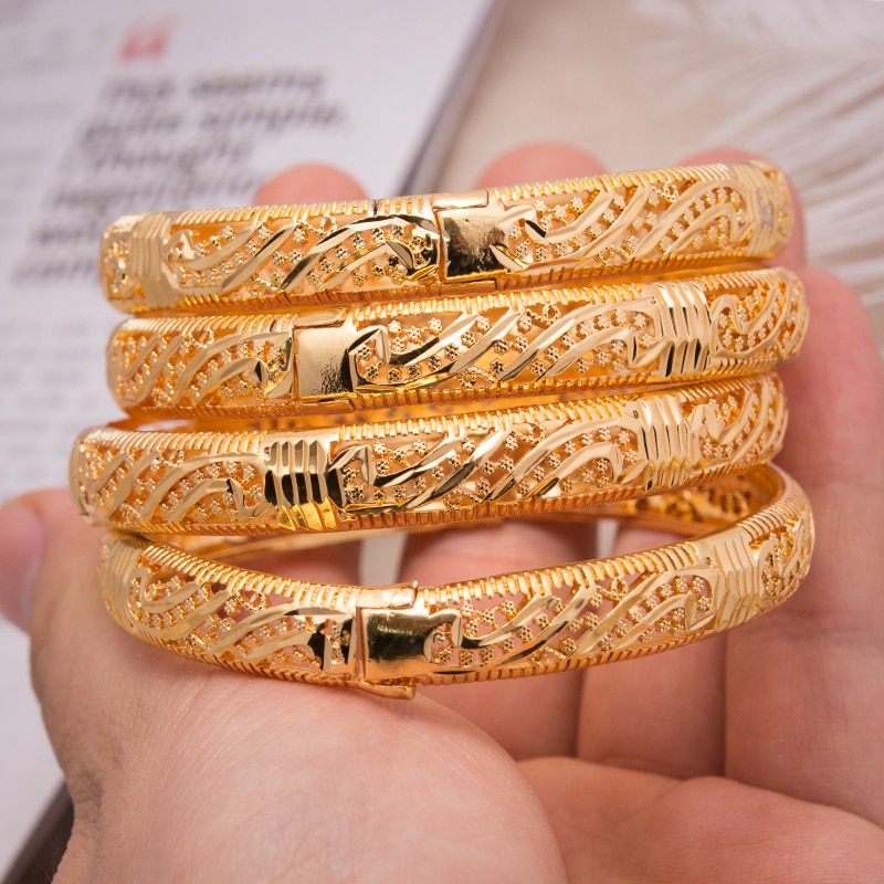 Wando 4Pcs African Dubai Gold Color Bangles Women Style Stripe Wedding Bride Bangle Bracelet Flower Bangle Jewelry Bracelet