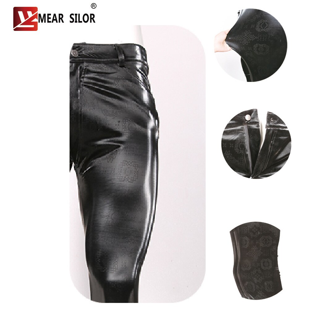 Pu imiteret læder punk pencil pants elastiske stramme bukser læderbukser mænd motorcykel konveks gaffel legging printet mønster skinny