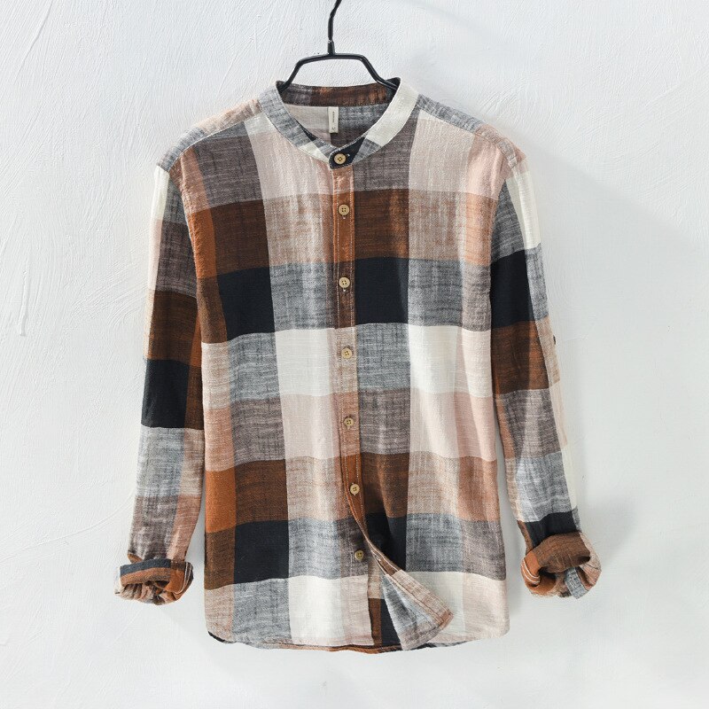 Langærmet plaid skjorte vintage herre skjorter linned løse åndbare herre skjorter afslappet vinter skjorter mænd