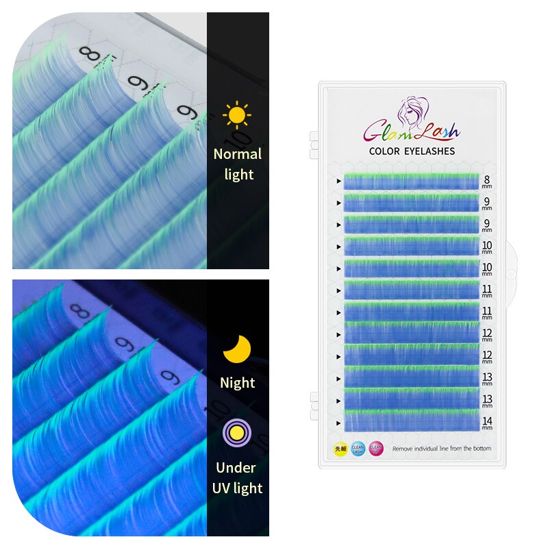 GLAMLASH fluorescencyjne przedłużanie rzęs różowy zielony żółty pomarańczowy UV Neon przedłużanie rzęs świecące w ciemności rzęsy makijaż: C / UV Blue Green