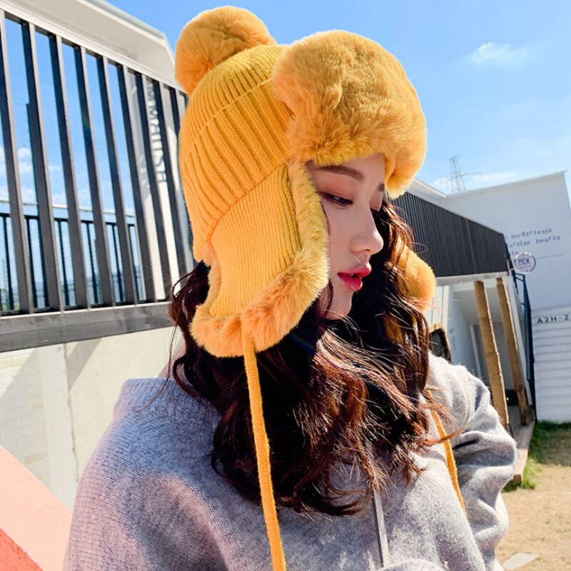 Ht2845 tjocka varma stickade mössor dam solid rysk päls mössa dam snö skidfångare öronlapp keps kvinnlig bomber hatt varm rysk keps