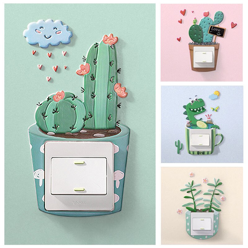 Home Decorations Wall Stickers Switch Protection Sticker Night light Switch Stickers Cartoon Cactus Unicorn Dino Switch Sticker