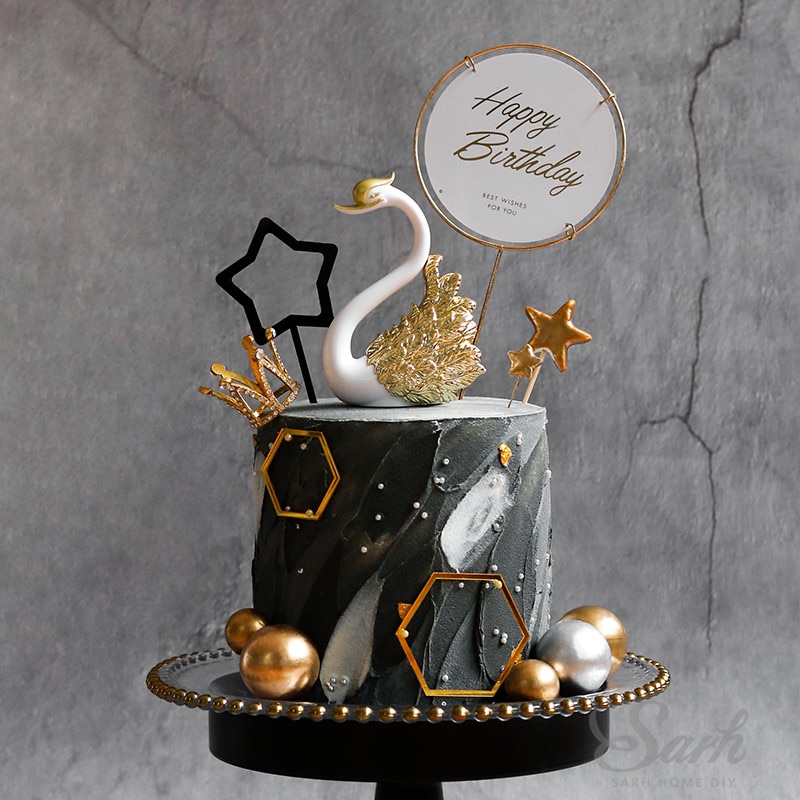 Crown Swan Gold Feather Cake Topper Hollow Star Birthday Party Decoration for Baby Shower Baking Supplies Anniversary Sweet