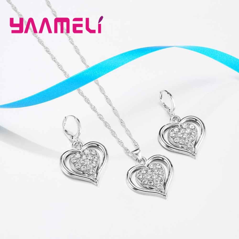 Europa Ketting Oorbellen Set Eenvoudige Stijl Dubbele Liefde Shape Kerst Surprise Voor Vrouwen 925 Sterling Zilver