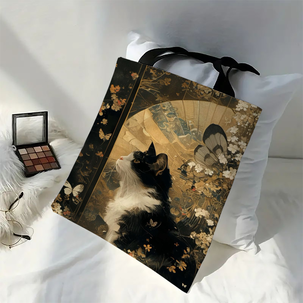 Sac fourre-tout classique chat noir et blanc avec imprimé chat, sac de plage de Shopping à bandoulière réutilisable pour femmes, sac de transport décontracté Durable