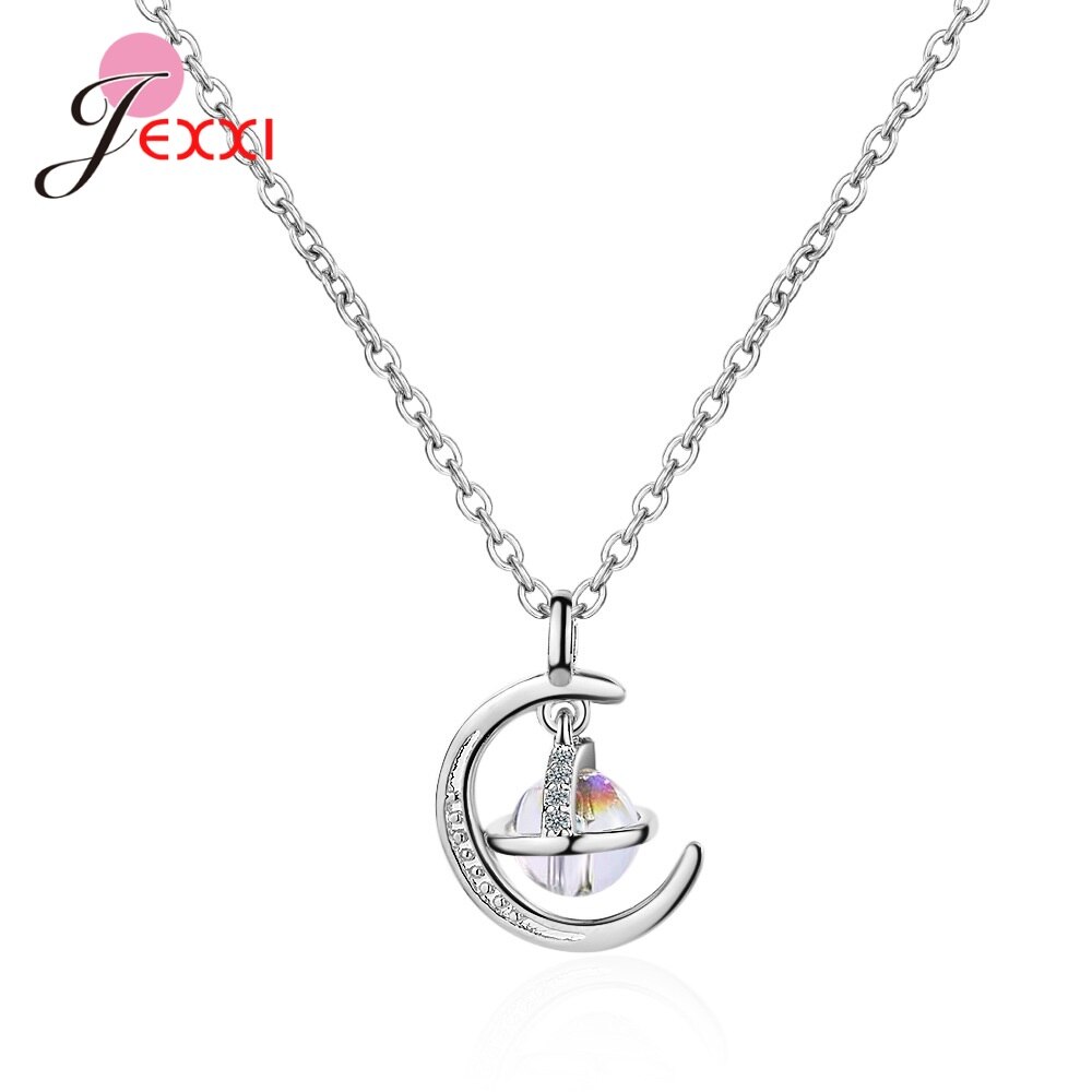 925 Sterling Silber Crescent Mond & Zirkon Planet Anhänger Halsketten für Frauen Zubehör S925 Kette Halsband: Silver