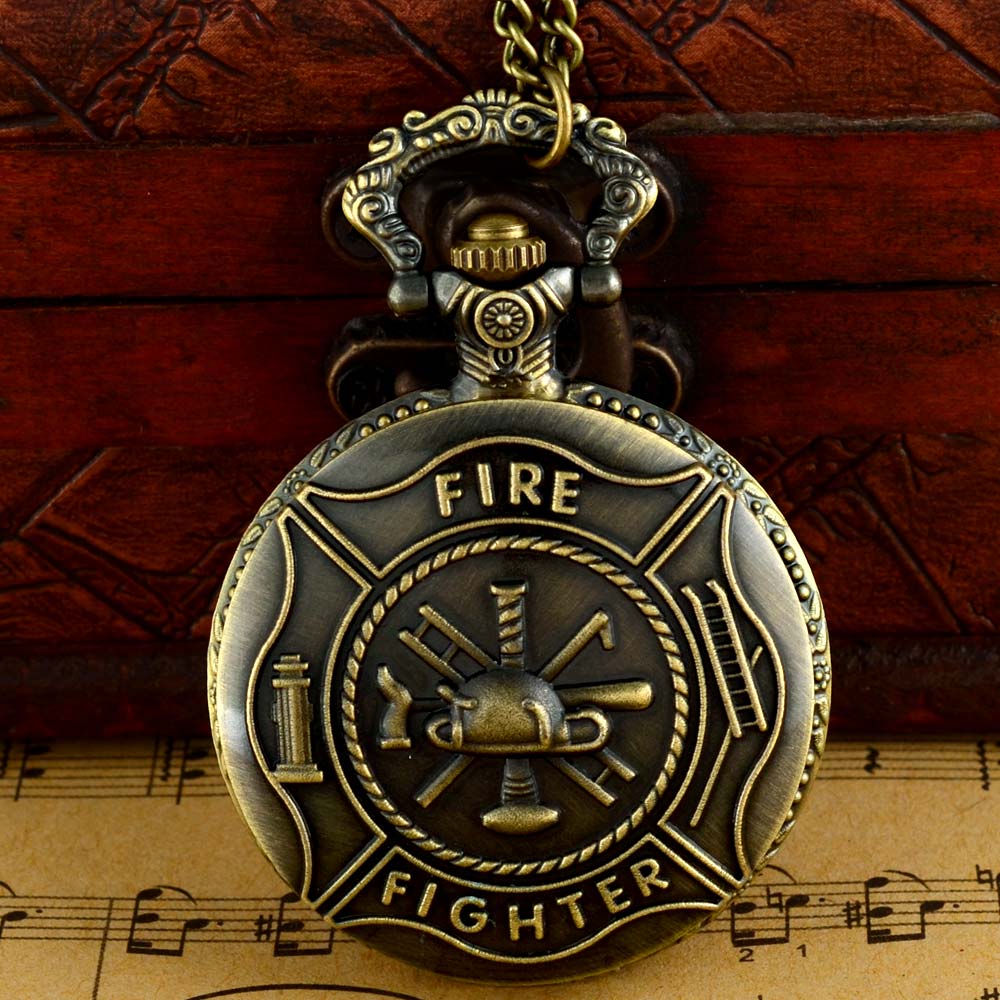 Retro Bronze Fire brigade Quartz Pocket Watch Chains Antique Men Women Necklace Clock