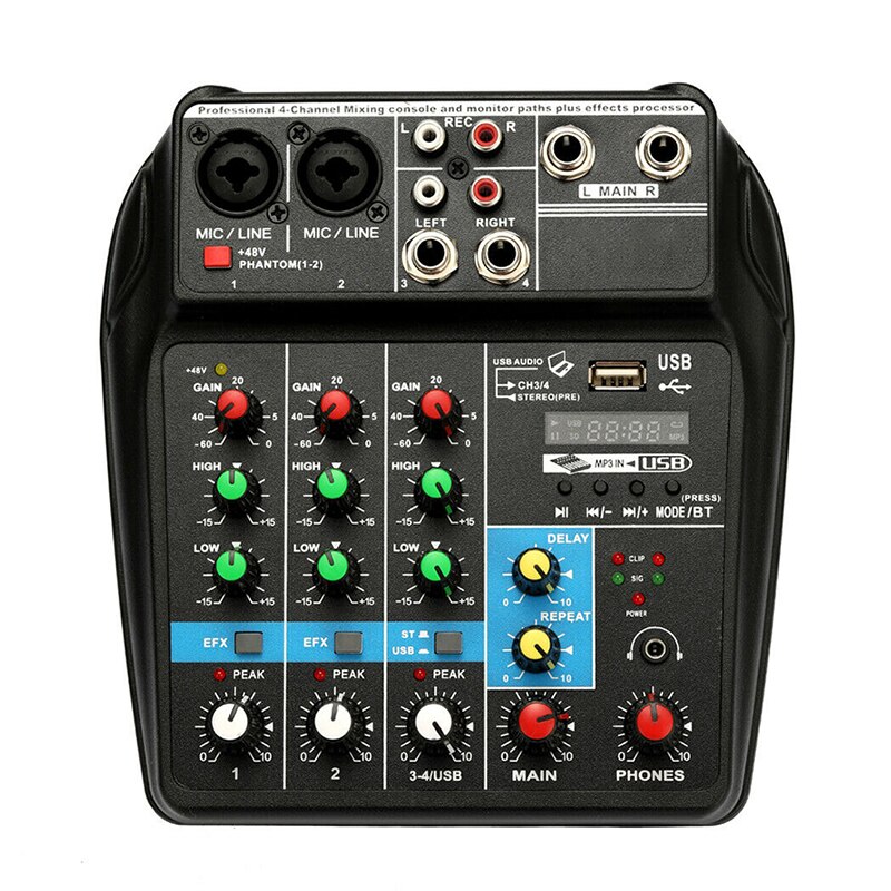 4Channels Audio Mixer Sound Mixing Console With Bluetooth USB Record 48V Phantom Power Monitor Paths Plus Effects Use: Default Title