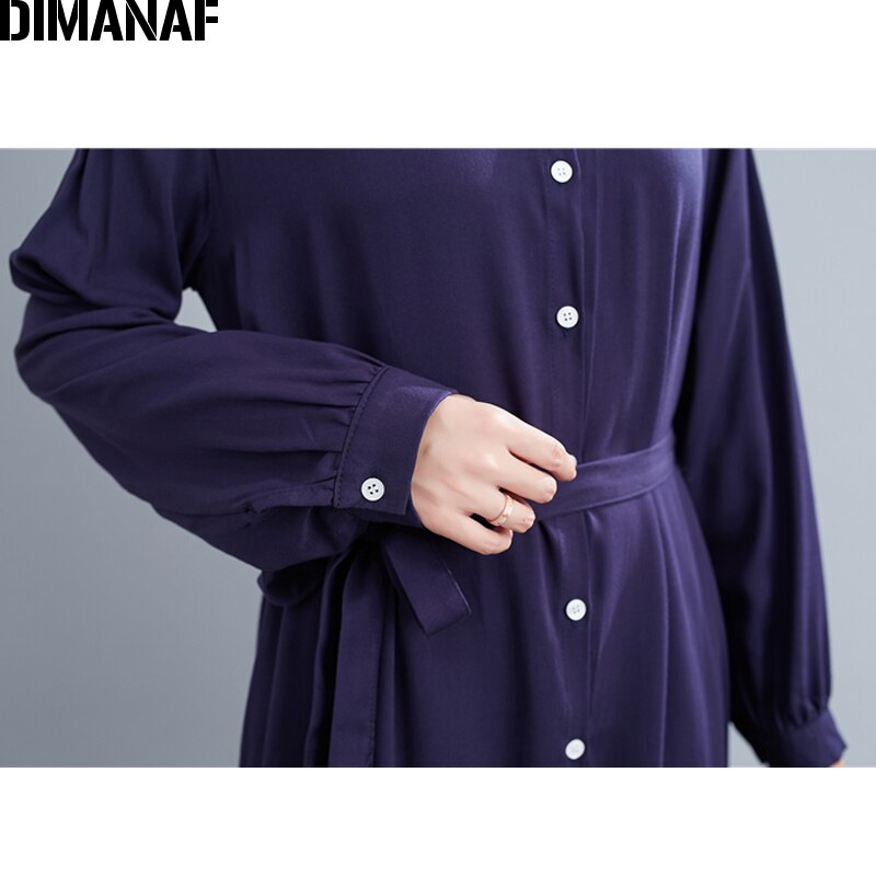 Dimanaf kvinder kjole tøj kontor dame vestidos lange ærmer efterår løs afslappet knap cardigan skjorte kjole solid med bælte
