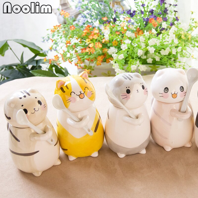 Cute Cat Teacups Exquisite Teaware Accessories With Spoon and Lid Coffee Tea Cups Porcelain Couple Milk Mug Drinkware