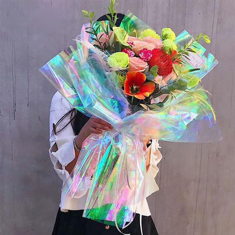Película iridiscente de celofán, papel de embalaje para ramo de flores, decoración de , película mágica de gradiente de arcoíris, 20 Uds.