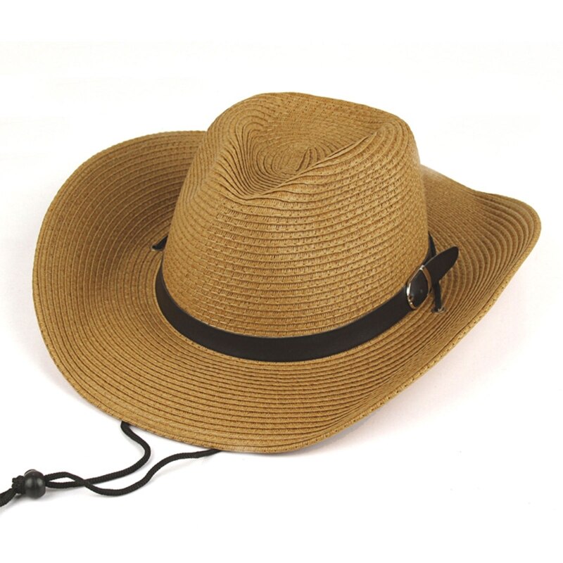 Western Cowboy Hat Simple Straw Hat with Windproof Rope &amp; Sweat Absorbent Inner Band All-match for Street Strolling: Khaki