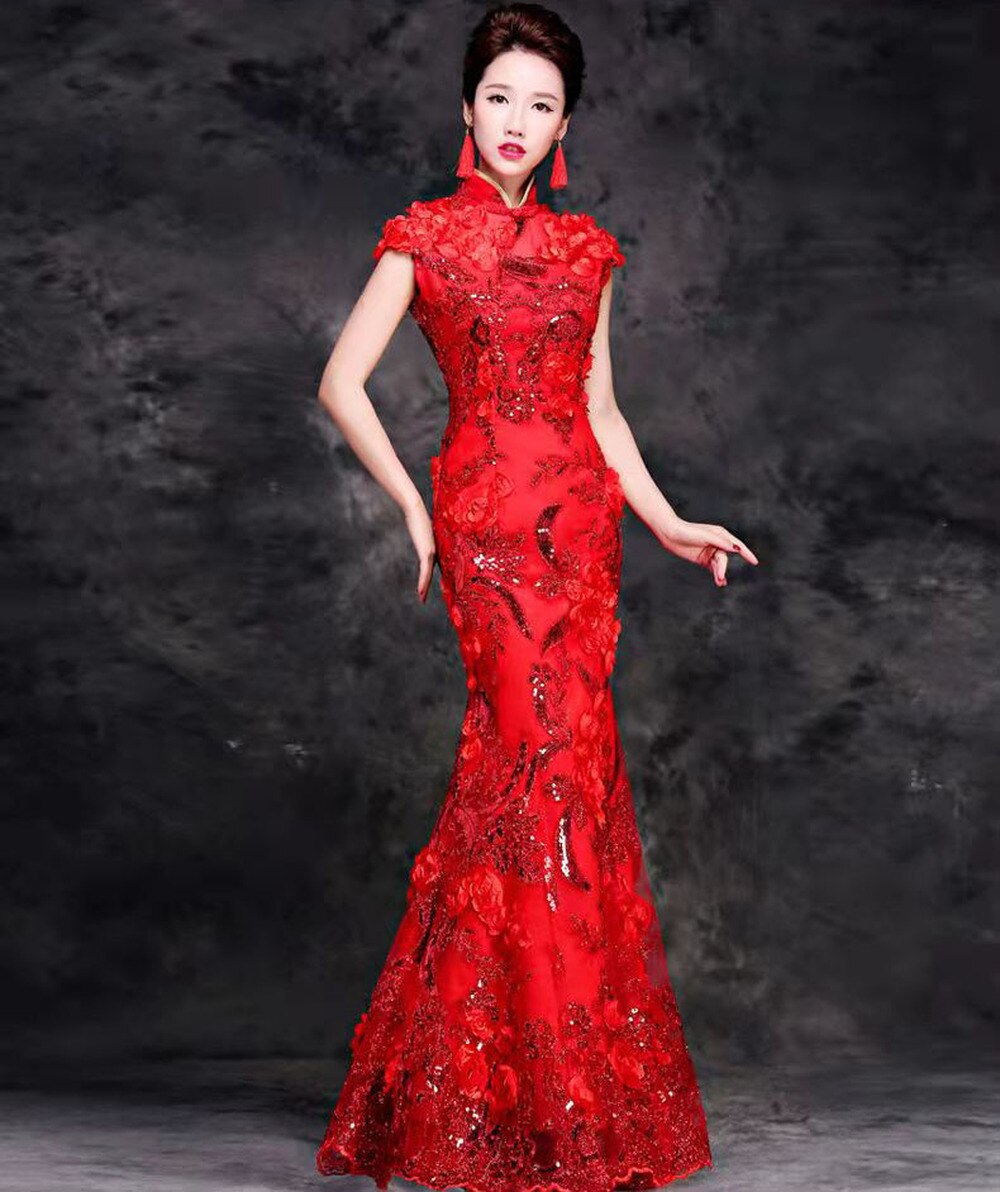 Lace Chinese Red Wedding Dress Sexy Queen Oriental Party Female Cheongsam Stage Show Qipao Celebrity Banquet Dresses