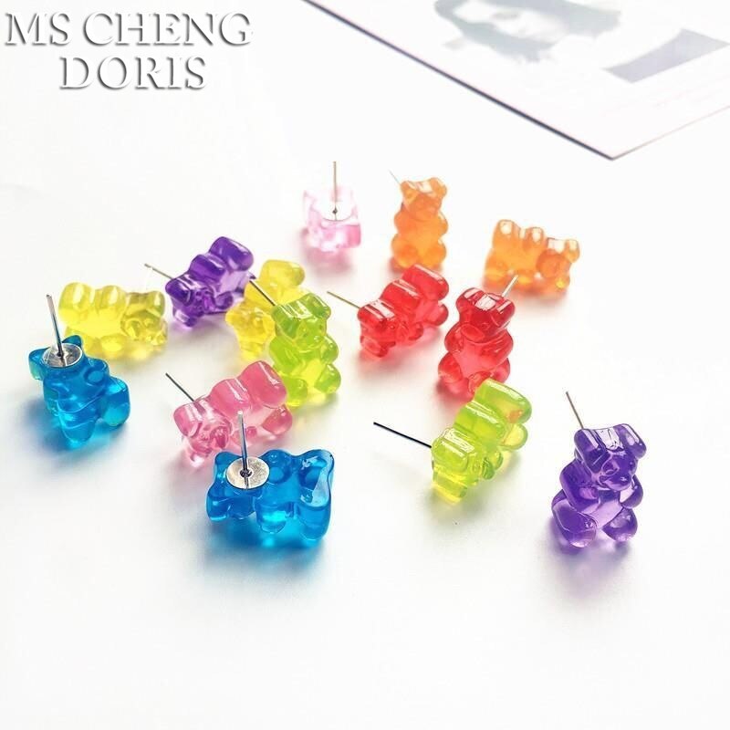 Kinderen Snoep Kleur Jelly Beer Stud Oorbellen Vrouwen Meisje Cartoon Transparante Beer Barrette Leuke Resin Gummy Bear Sieraden