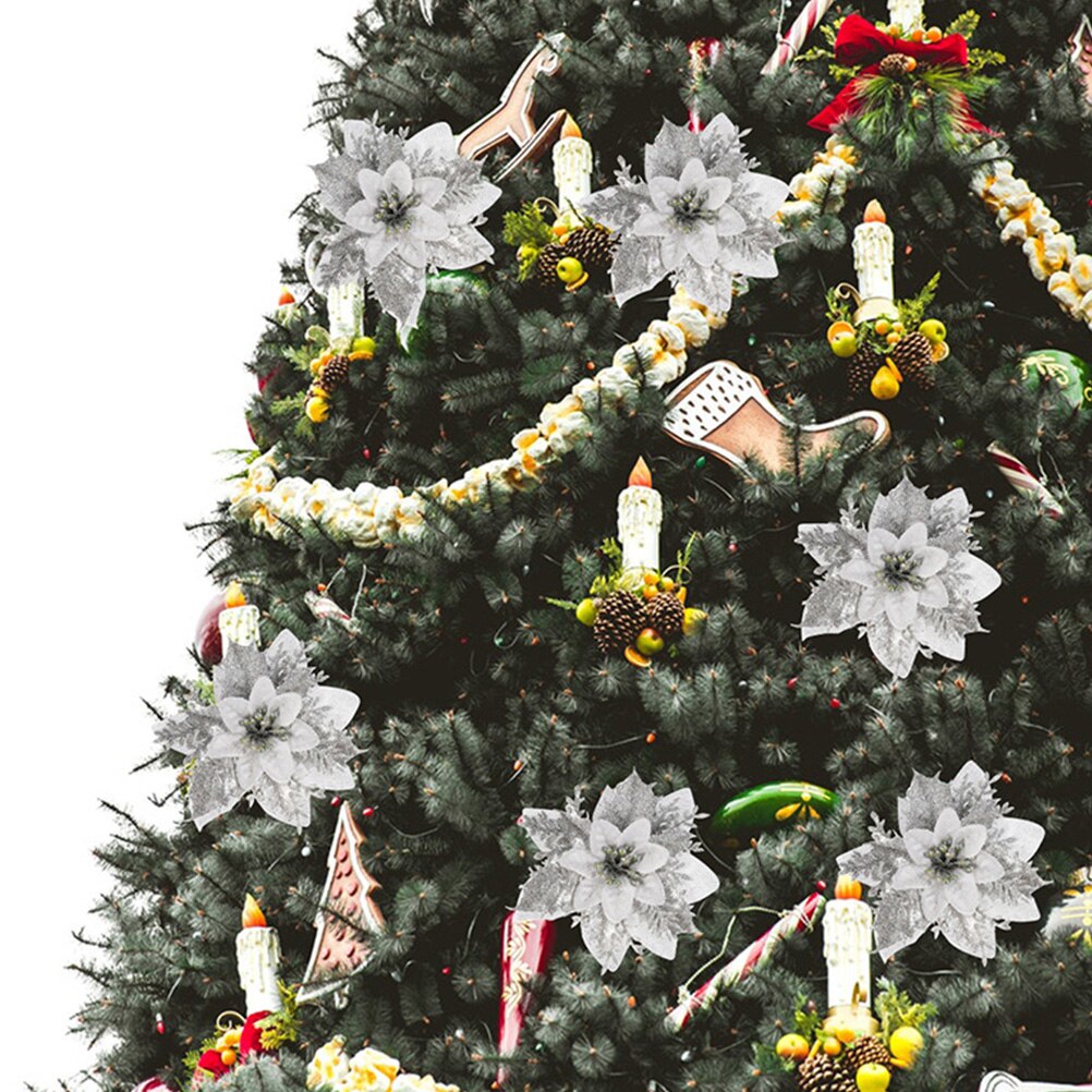 15 stk juleblomster til hjem glædelig juletræ dekoration glitter kunstigt blomsterhoved bryllup xmas forsyninger