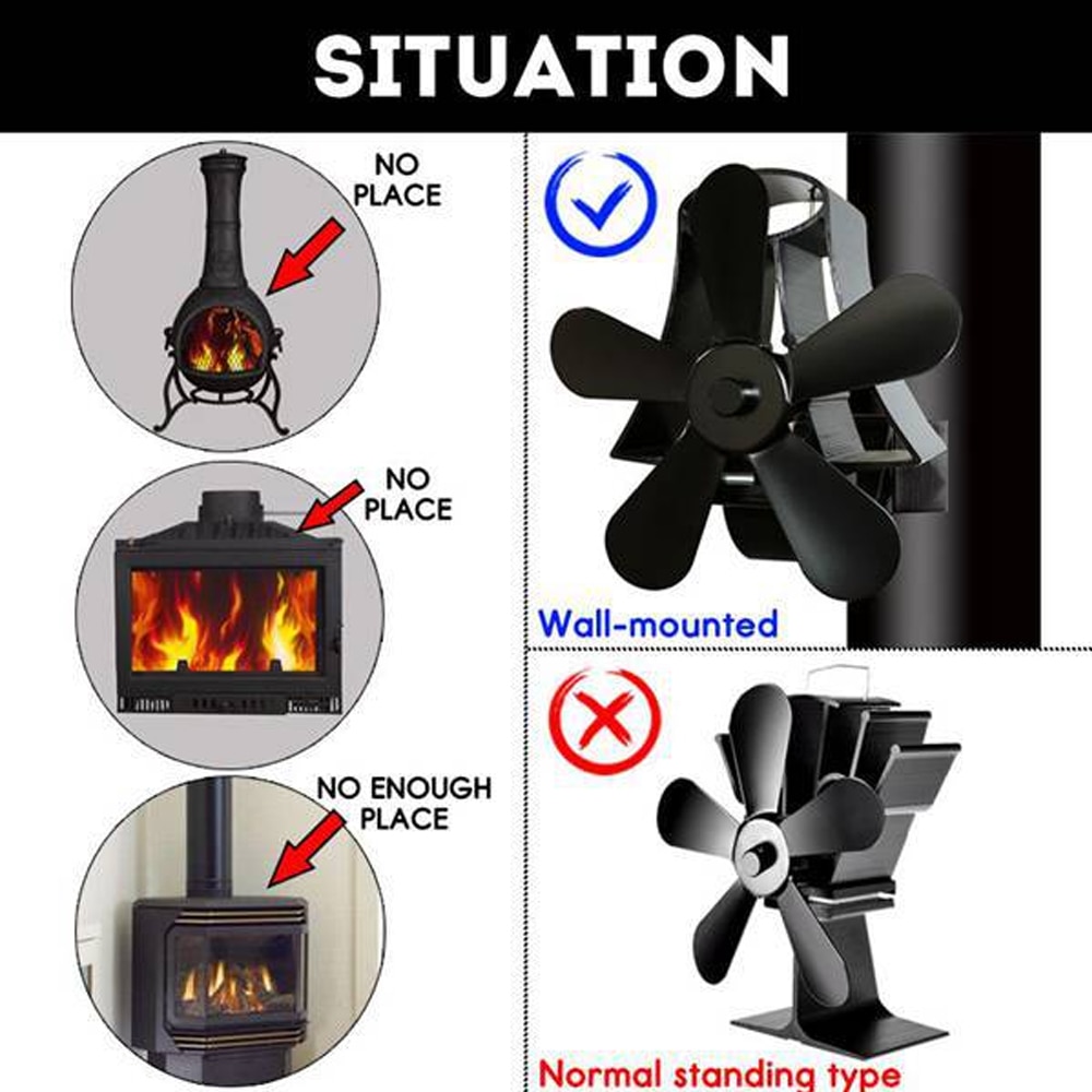 5 Blades Wood Stove Winter Heat Powered Fireplace Fan Heat Powered Stove Fan Log Wood Burner Quiet Black Home Fireplace Fan