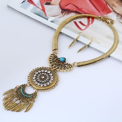 Fashioin colar feminino vintage colares de declaração pingentes bohemia folhas borlas acessórios de jóias: gold blue