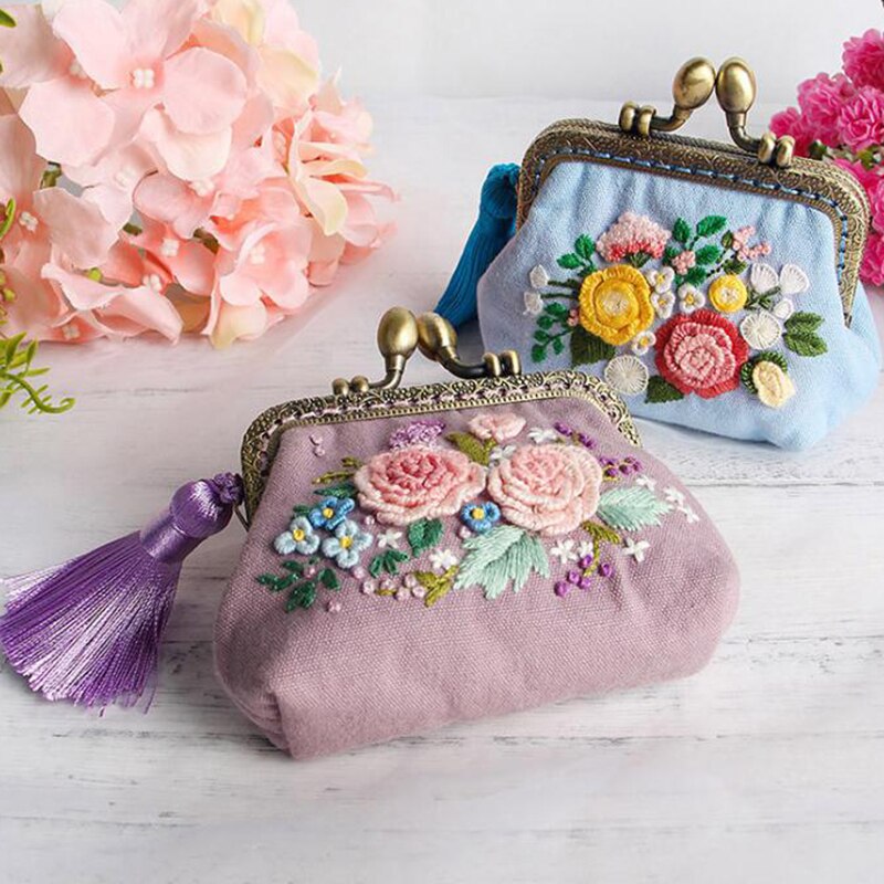 Billetera con bordado de flores de cinta para principiantes, Kits de costura, Serie de punto de cruz, manualidades, Kit de materiales de monedero DIY