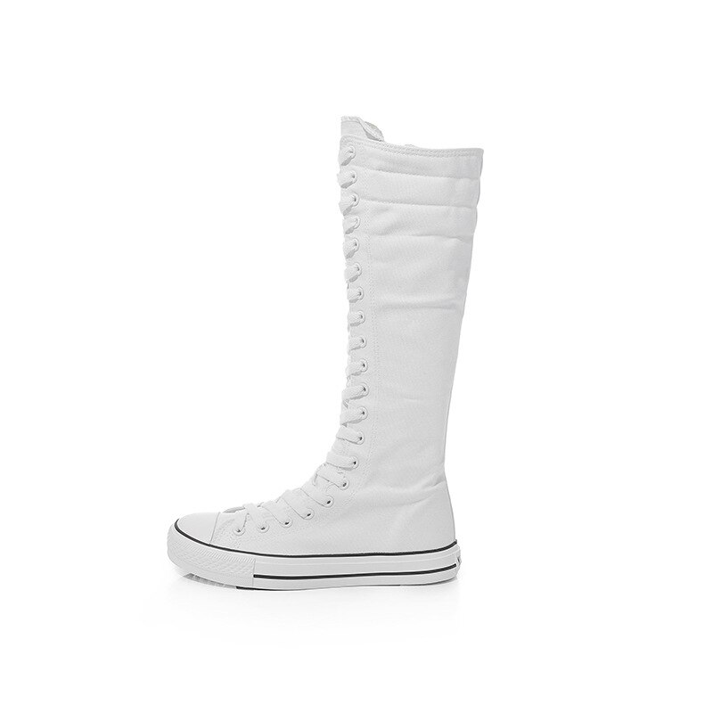 2021 nye forår efterår kvinder sko canvas afslappet høj top sko lange støvler snøre lynlås komfortable flade støvler sneakers: Hvid 2 / 38