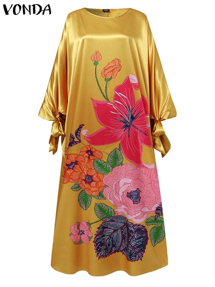 VONDA Bohemian Maxi Sundress Women Floral Printed Satin Silk Dress Autumn Casual Loose Long Sleeve Party Robe Femme