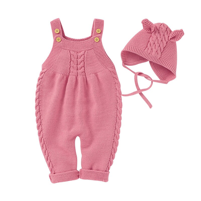 Pelele de invierno y otoño para bebé, mono liso sin mangas con de botones, holgado, de punto, peleles, sombrero,: Rosa / 12 meses