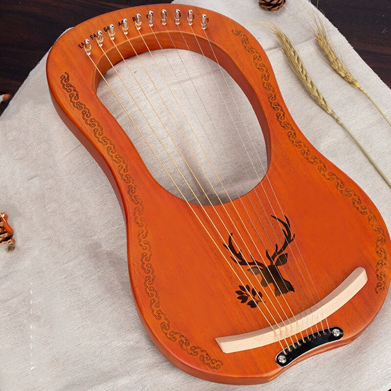 Lyrharpa 10 -strängad harpa heptachord mahogny lutharpa med graverade toner, stämnyckel, för musikälskare