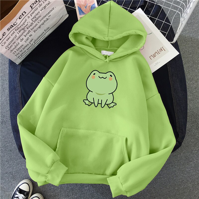 Sweat-shirt grenouille, vêtements de dessin animé, Harajuku, manches longues, capuche Kawaii pour filles, sweat à capuche polaire d'hiver avec poche, hauts verts: M / green