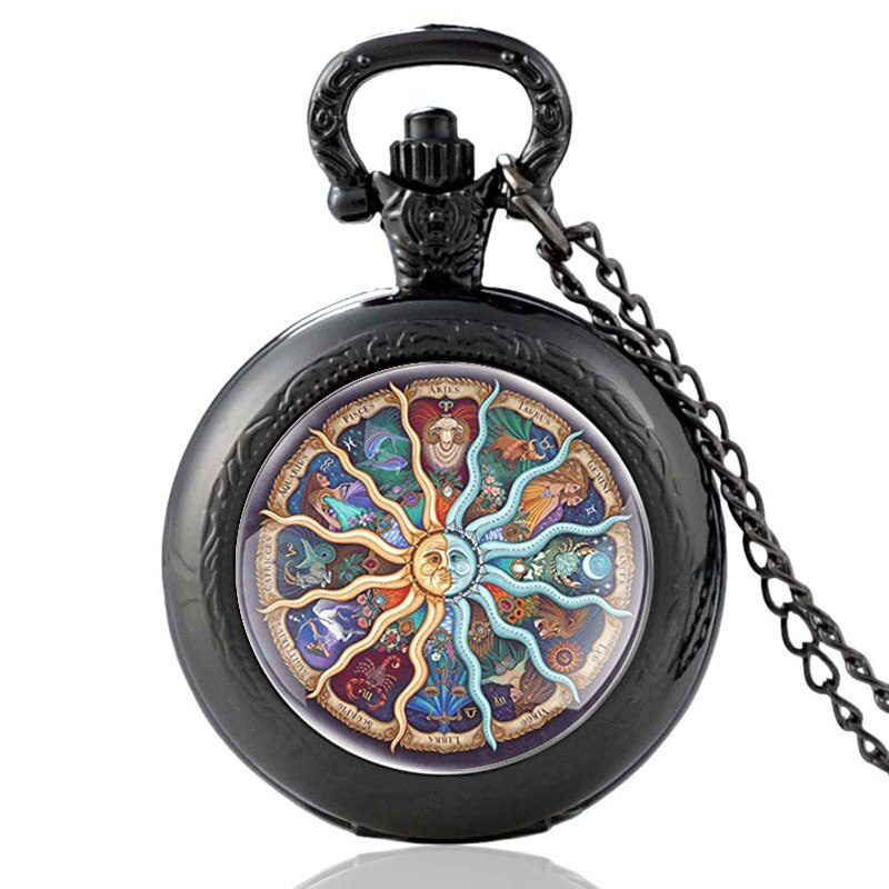 Soleil lune astrologie douze Constellations Bronze Quartz montre de poche hommes femmes pendentif collier heures horloge