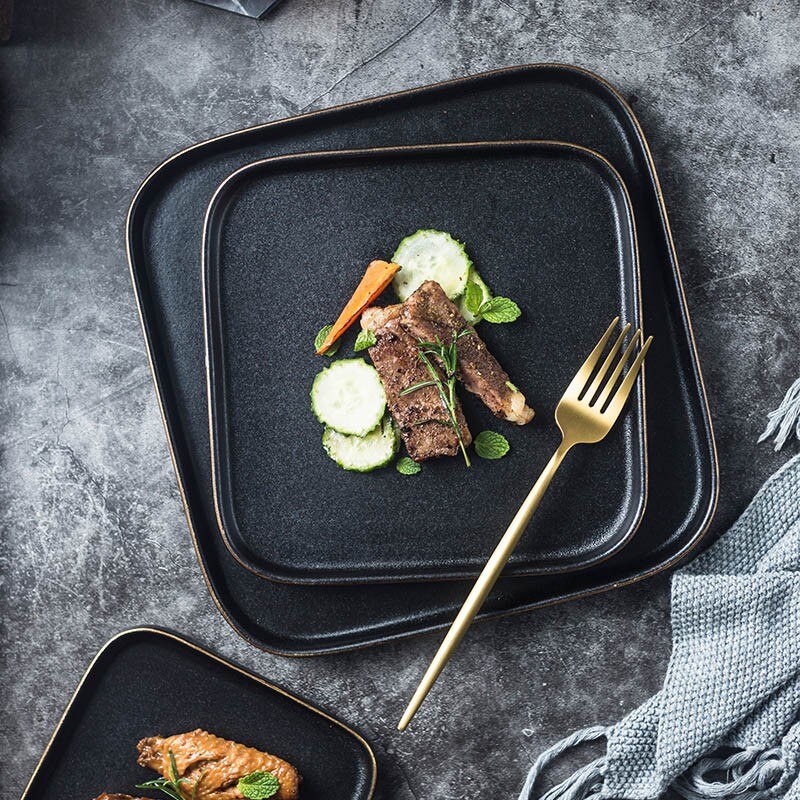 retro ceramiczne czarne steki płytkie talerze porcelanowe kwadratowe matowe matowe odporne na zarysowania naczynia naczynia spożywcze przekąnarty naczynia